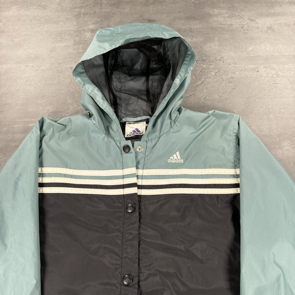 Vintage Adidas Windbreaker Jacket Women M/L‎ Mint Teal Black Button Rain Coat
